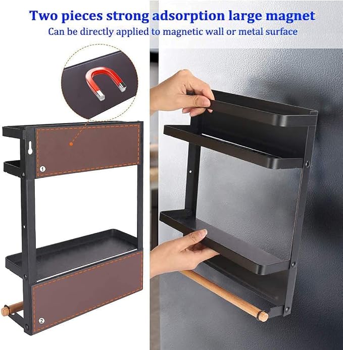 Magnetic Spice Rack for Refrigerator Magnetic Paper Towel Holder for Fridge Magnetic Shelf Magnetic Shelves Fridge Magnet Organizer Spice Rack Kitchen Organization Kitchen Storage Black - Image 3