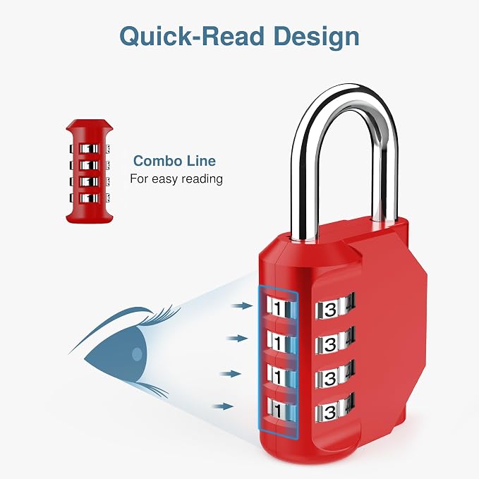 Puroma 4 Pack Combination Lock Locker 4 Digits Combo Padlock Gym Red | For School Gate Fence Toolbox Hasp Storage, Outdoor, Resettable, Weatherproof, Side Window, Crack Cut Resist, Hardened Steel - Image 3