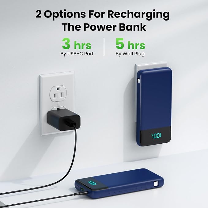 Portable Charger with Built-in AC Plug and Cables,13800mAh All in One USB C Fast Charging Power Bank,Travel Essentials Portable Phone Charger Battery Pack for iPhone 17/16/14,Galaxy,Android-Dark Blue - Image 2