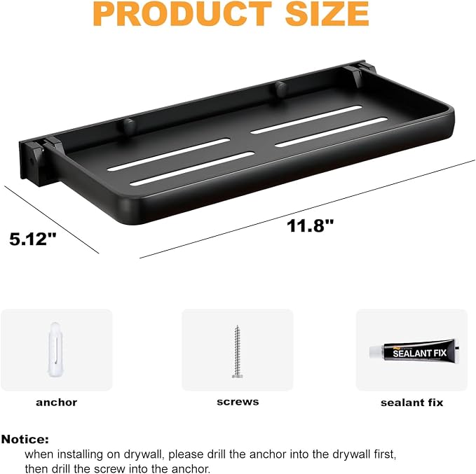 RV Fold-Down Wall Shelf, Aluminum Folding Shelf 2Pack | 90° Space-Saving Camper Bathroom & Kitchen Organizer, Dual Installation (No-Drill or Screws), Waterproof, Rustproof(Black) - Image 2