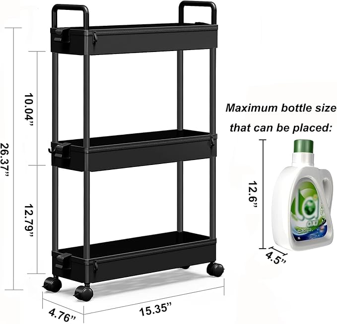 SOLEJAZZ Slim Rolling Storage Cart Skinny Bathroom Organizer, 3 Tier, Black | Thin utility cart with wheels for bathroom, laundry room, bedside, kitchen, dorm, office, next to fridge, small narrow places - Image 2