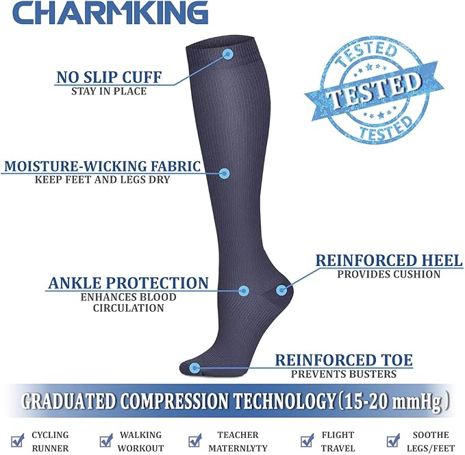 CHARMKING Compression Socks for Women & Men Circulation (8 Pairs) 15-20 mmHg Best Calf Socks Support for Athletic Cycling - Image 4