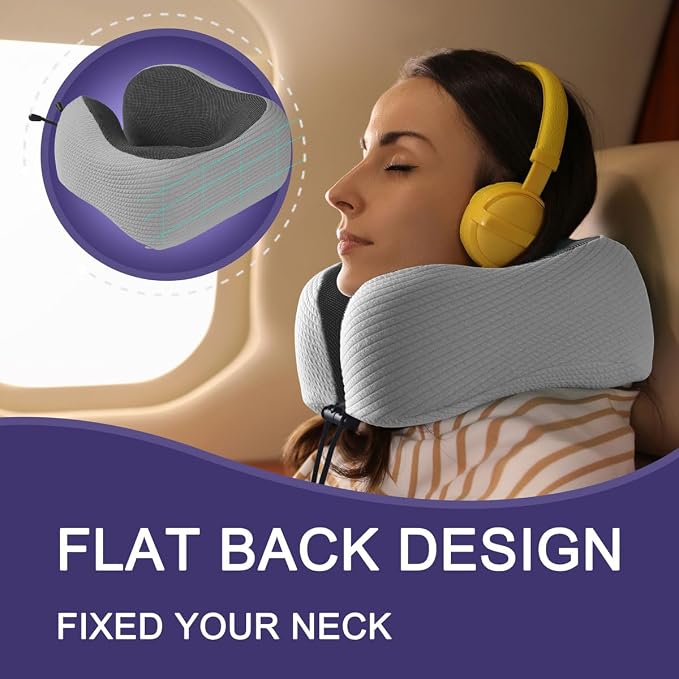 napfun Neck Pillow for Travel with Travel Pouch, Sleep Mask & Earplugs, Memory Foam Airplane Pillow for Headrest Sleep with Eyeshades, Plane Essentials with Eye Blindfold, Light Gray Striped Kit - Image 4