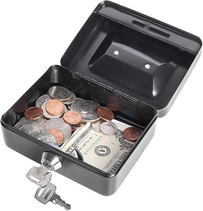 Jssmst X-Small Cash Box with Lock - Money Saving Box for Cash Coins, Small Lock Box for Medication Personal Items, 4.92'' x 3.94'' x 2.28'', Black - Image 4