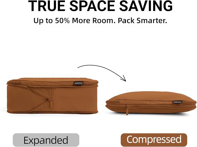 4 Piece Compression Packing Cubes for 3–7 Day Travel, Light Brown | Wrinkle-Resistant Memory Fabric, Breathable Mesh Panel, Double-Zipper, Small to Large Size Bag, Smart Organization - Image 2