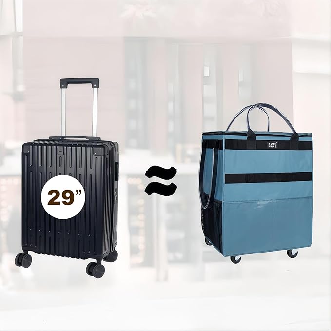 Reusable Grocery Bag On Wheels (Large, Blue) Shopping Trolley with 8 Pockets and Zipper Cover Foldable Rolling Tote, Heavy Duty Handles, Carries Up to 66 LBS - Image 3