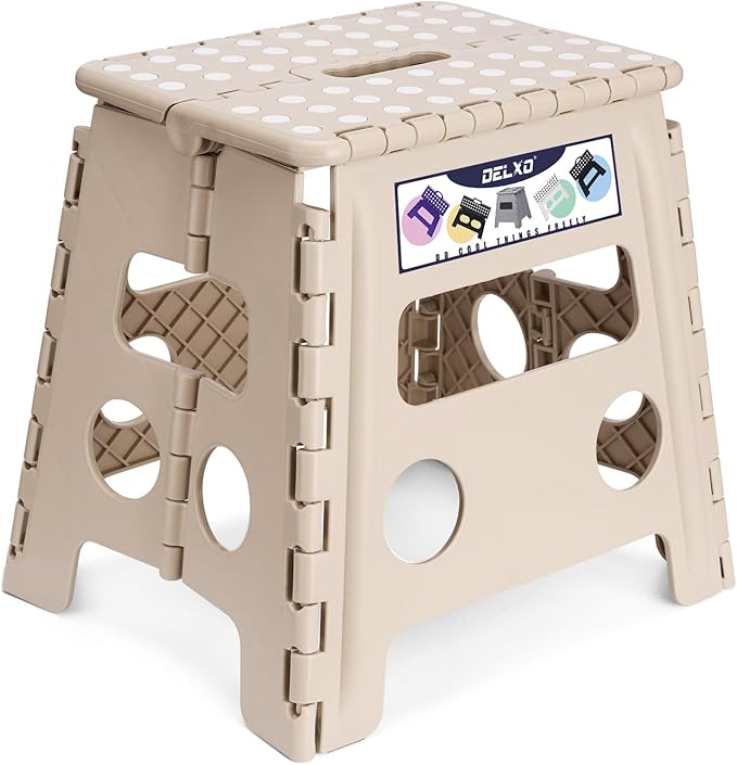 Delxo Folding Step Stool 13 Inch,300 Lbs Step Stool for Adults Khaki | Foldable Step Stool 13",Non-Slip Foot Stools with Handle,Lightweight Collapsible stools for Kitchen,Bathroom,Bedroom,Garden by Delxo