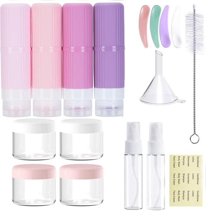 18 packs of toiletries travel bottles, TSA Approval silicone travel containers, leak proof refillable shampoo and conditioner are essential for travel, fitness, business trips, office use(pink) by Unknown