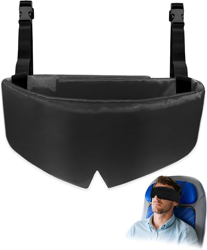 Travel Pillows for Airplanes, Airplane Head Strap with Silk Eye Mask for Sleeping, Long Flights & Car Road Trips 360°Headrest Neck Support, Stops Bobbing, Small & Compact（Black） by RwotllsRefrigeratorLiners