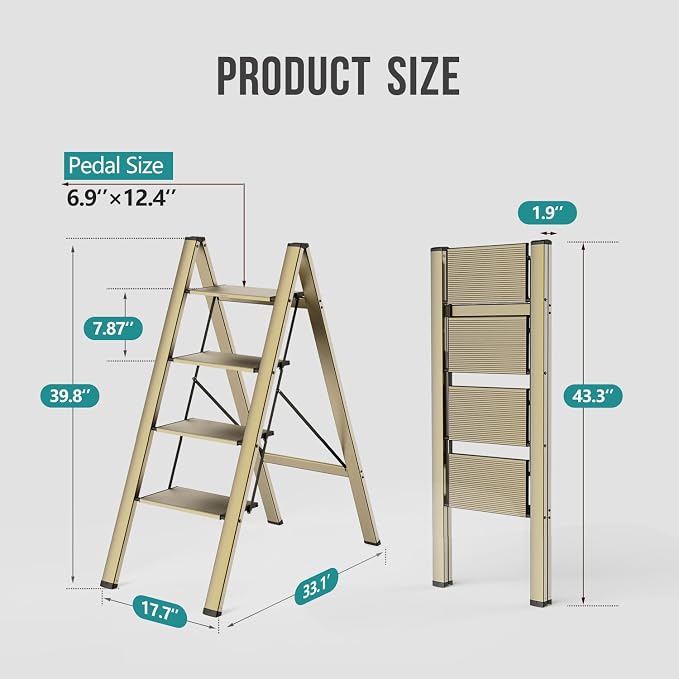 Aluminum 4 Step Ladder, Foldable Step Stool, 300lbs Load, Gold | Folded 43''H x 2''T; Net 9.9 lbs; Rigid Aluminum Steps; No Assembly; For Home, Kitchen, Office, Pantry, Closets, Cabinets - Image 6