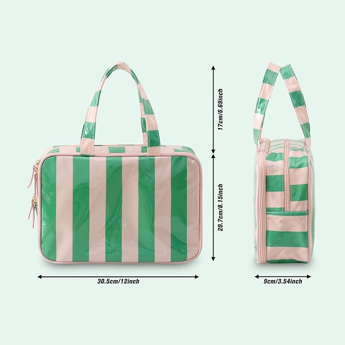 Toiletry Bag for Women, Pink and Green Stripe | Clear Coated,Waterproof,Multiple Compartment,Open Flat,Handle,Travel Organizer for Shampoo,Conditioner,Cosmetic Accessories - Image 4