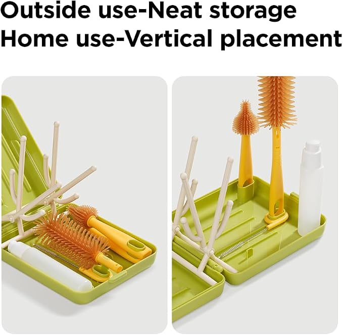 Travel Bottle Cleaner Kit with Foldable Bottle Drying Rack, Green | Auto-Open Rack & Vertical Brushs Drying Slots, 3 Silicone Brushes, Foldable Drying Rack, Dispenser, BPA Free. - Image 6