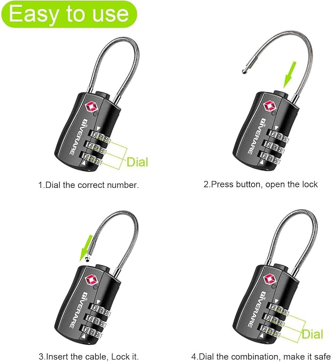 GIVERARE 4 Pack TSA Approved Luggage Locks, Combination Travel Cable Lock, Re-settable 3-Digit Padlocks with Alloy Body, Keyless TSA Padlock for Gym Locker, Golf Bag Case-Black - Image 6