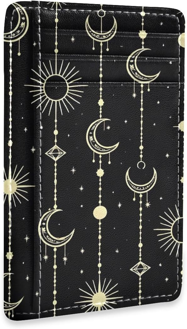 Front Pocket Minimalist Leather Slim Wallet Credit Card Holder Sun Moon Stars Witch for Men & Women by Unknown