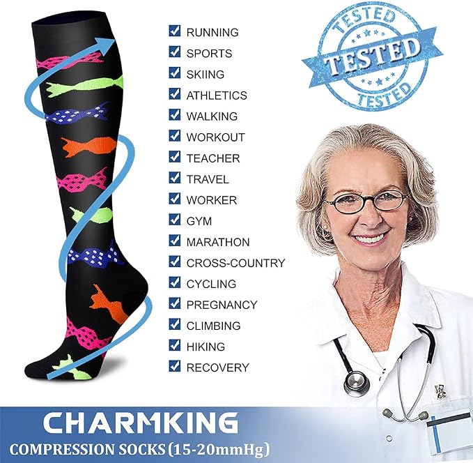 CHARMKING Compression Socks for Women & Men Circulation (8 Pairs) 15-20 mmHg Best Calf Socks Support for Athletic Cycling - Image 5