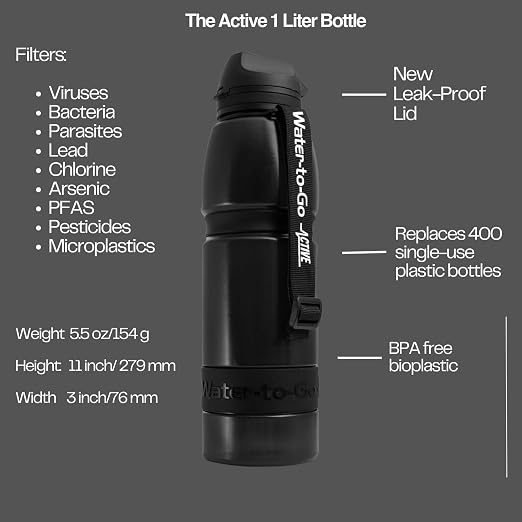 Water-to-Go Water Filter Bottle, 1 Liter, Jet Black | For Hiking Camping and Survival, Filters Viruses, Eco-Friendly Bioplastic, New Leak-Proof Lid - Image 6