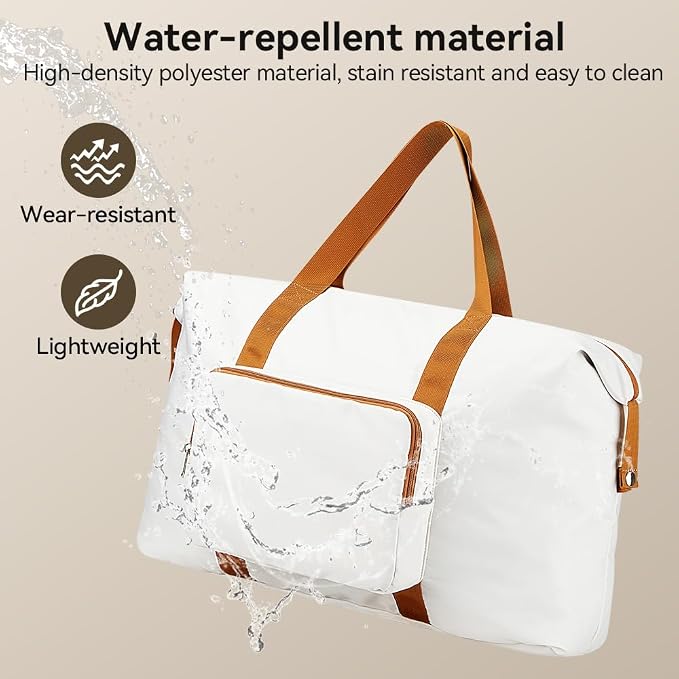 Travel Duffel Bag 60L Large Tote Carry On Foldable, White-Brown | Carry On Duffel Bag for Women Men, Foldable Bags for Travel, Hospital Bag for Labor and Delivery, Weekender Overnight Bag - Image 8