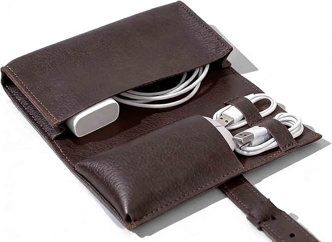 Vintage leather Electronic organizer travel case,cord keeper travel pounch, charger shortage for essentials mouse, adapter, cables,Cable Straps,Earbud case,wrap (Dark Brown) by Unknown
