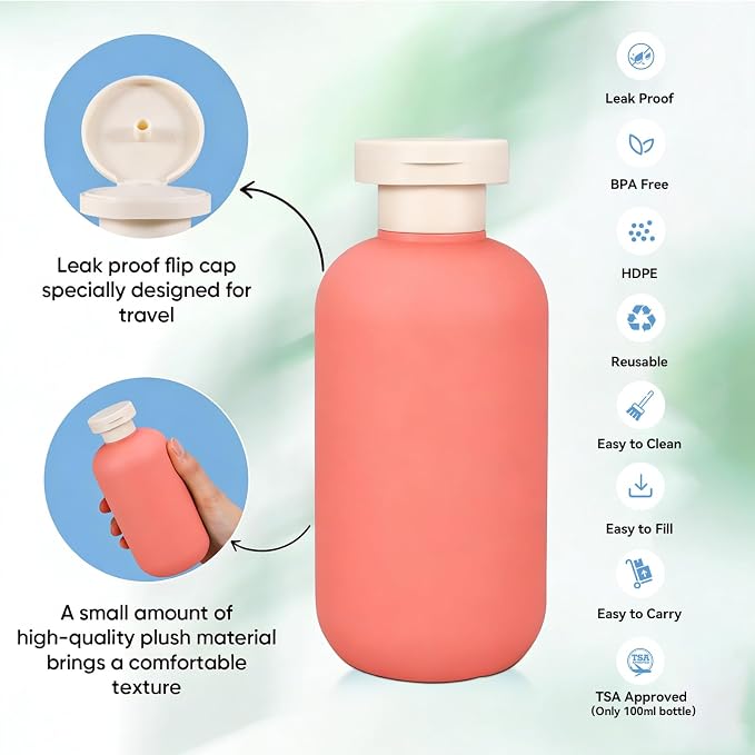 DEMORA 6.6oz Travel Bottles for Toiletries, Larger Plastic Travel Squeeze Bottles Leak Proof Refillable Toiletry Containers with Flip Caps and Labels for Shampoo Conditioner Lotion (Qrange, 4 Pcs) - Image 3