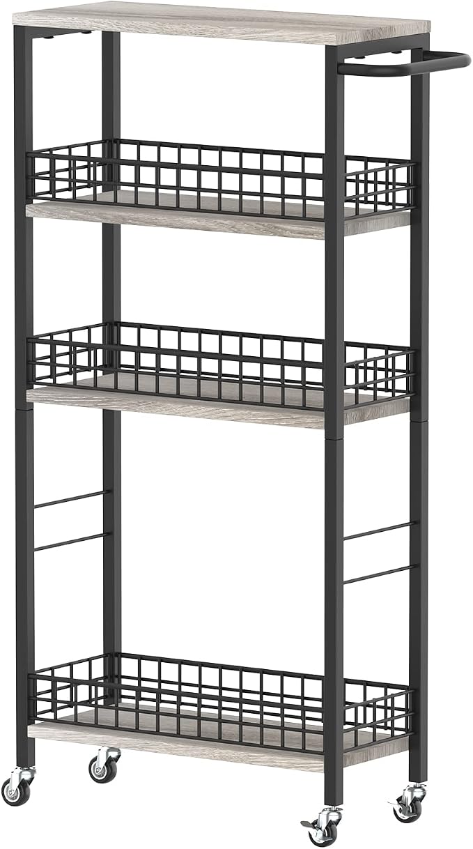 NOVIMANGO Slim Storage Cart Narrow Kitchen Cart 4 Tier, Grey | Slim Rolling Cart for Kitchen, Slim Bathroom Storage Cart with Wheels, with Wood Tabletop, for Narrow Spaces by NORCEESAN