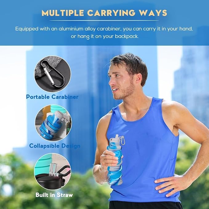 Collapsible water bottles 2 Pack with brush 500ml (Black+Aqua blue) | BPA Free Travel Silicone Water Bottle with Carabiner,Reusable Foldable Portable Sports bottles for Gym Camping Hiking - Image 7
