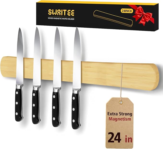 Magnetic Knife Holder, 24 Inch Bamboo Wood Knife Strip for Wall or Fridge | Fridge Magnetic or Screw-Mounted, Strong Magnet Secures Knives, Space-Saving, Kitchen Knife Storage, Housewarming Gift by SWAITEE