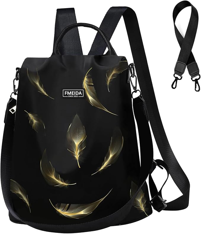 Travel Backpack Purse for Women Anti Theft Convertible Backpacks Fashion Waterptoof Nylon Daypack Black Feather | Hidden Back Zipper Opening, Compact Travel Size,Summer Purse, Daypack for College Work, Fits 13-inch laptop by Fmeida