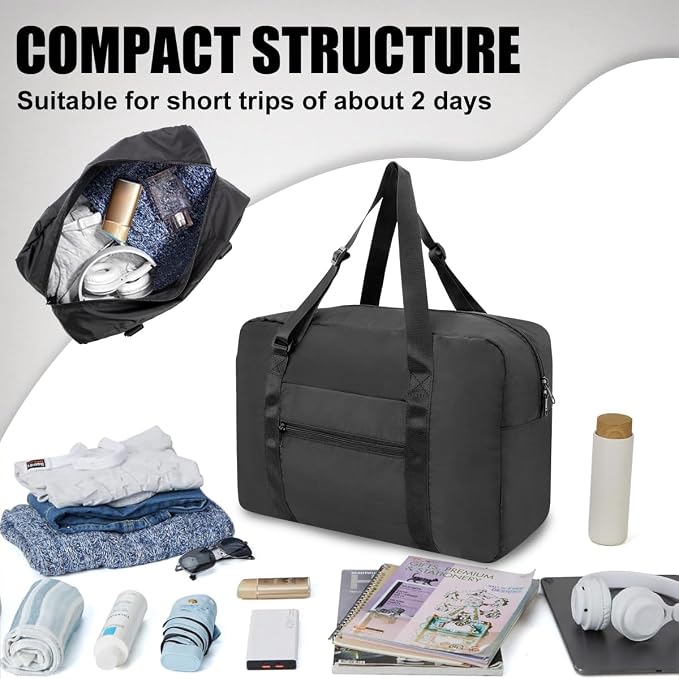 Duffle Bag for Travel Foldable Personal Item Travel Bag, 23L, Black | Carry On Duffel Bag Women Men Frontier Airlines Personal Item Bag Hospital Weekend Overnight Trips - Image 4