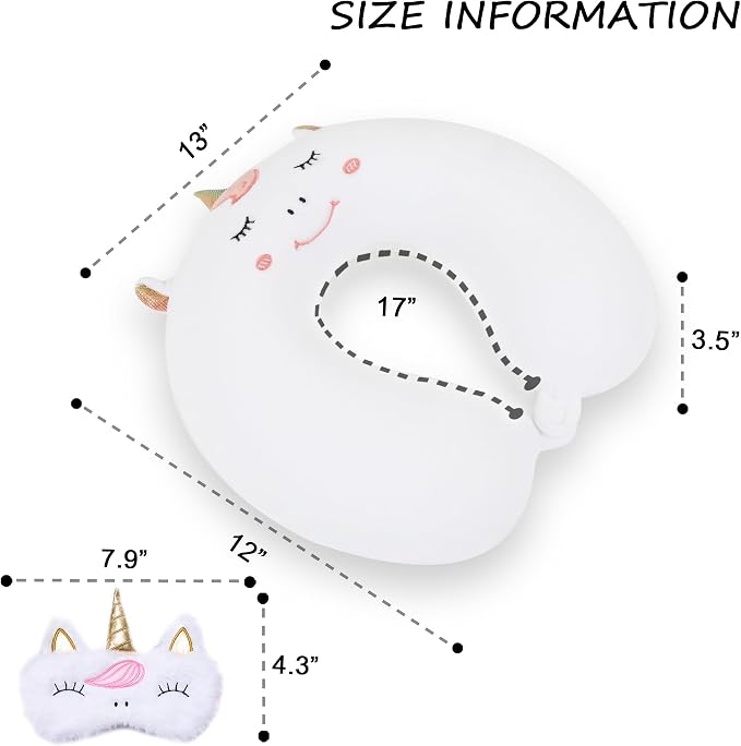 Sexysamba Cartoon Headrest & Neck Pillow for Kids Boys & Girls, Teens, Travel Accessories for Recline, Car, Airplane, Memory Foam Cute Travel Pillow with Sleep Eye Mask - White Unicorn - Image 2