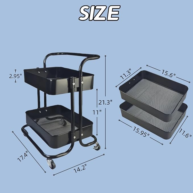 2 Tier Rolling Utility Cart with Wheels All-Metal Short Pantry Cart Under Desk Storage Trolley with Handle, Small Rolling Storage Shelf for Small Space Kitchen Laundry Room Bathroom, Black - Image 6