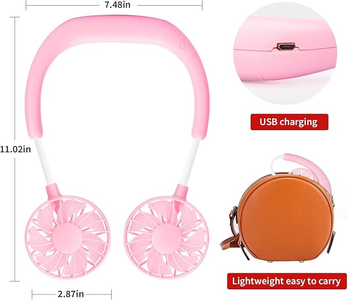 JUANANIUG Portable Neck Fan Rechargeable Personal HandFree Fan Mini USB Wearable Neckband Sport Fan 3 Speed Adjustable 360 Degrees Rotation Perfect for Working Traveling Office Reading (Pink) - Image 6