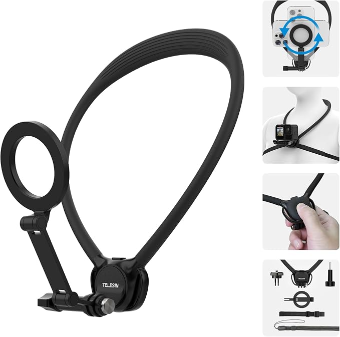 TELESIN Neck Mount Se 2.0 Combo Set, Magnetic Phone Holder for iPhone Android, Chest Strap Hand Free POV Video Phone Stand for iPhone 17 16 15 14 13 12 Samsung Android Action Cameras | 2-in-1 neck mount with N52 phone holder, air cushion and chest stra... by telesin