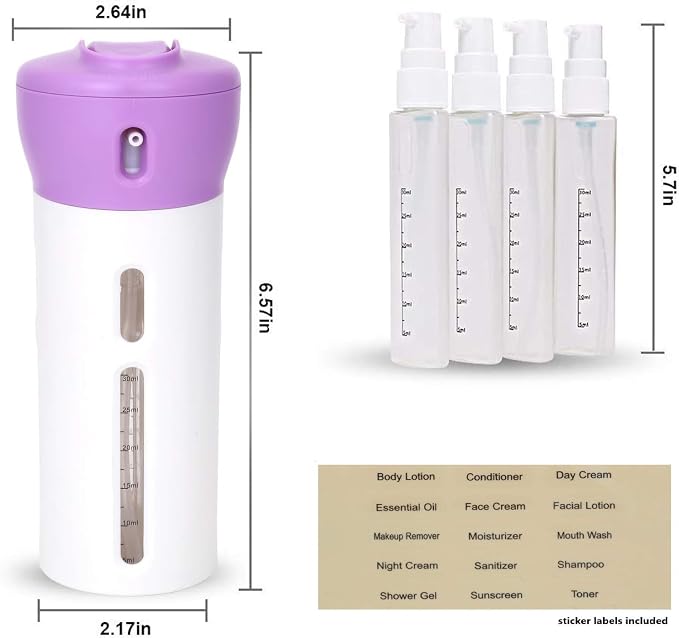 Travigo 4-in-1 Travel Dispenser Bottle, TSA Approved, Leak Proof, Four Reusable 1.4 oz. (40 mL) Toiletry Containers for Shampoo, Conditioner, Soap, Lotion, Skincare (Purple) - Image 8