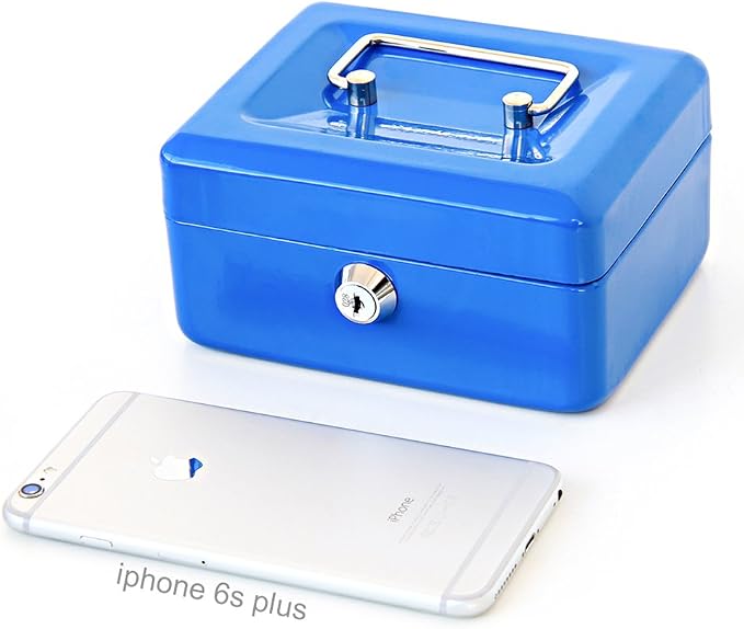 Decaller Small Cash Box with Key Lock, Double Layer Metal Money Box for Home Security, Portable Locking Box, 5.9" x 4.7" x 3.2", Blue - Image 7