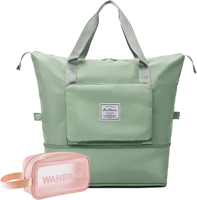 Large Capacity Travel Bag, Foldable Travel Bag, Expandable Duffel Bag, Collapsible Waterproof Large Capacity Handbag, Overnight Bags for Women and Man(Light Green+Toiletry Bag) by DOJUNS