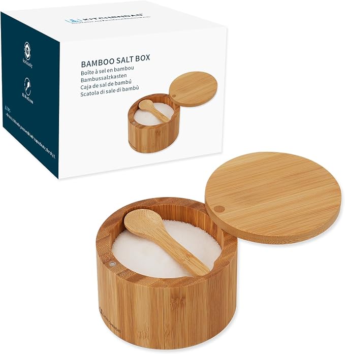 KITCHENDAO Bamboo Salt Cellar Bowl Box Container with Built-in Spoon, Elegant Kitchen Salt Dish Holder Saver Jar with Swivel Magnetic Lid to Storage Pepper Spice, 6OZ by KITCHENDAO