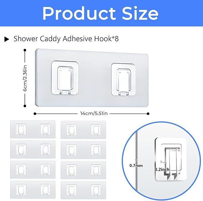 Shower Caddy Adhesive Replacement Hooks, Heavy Duty Waterproof Strips, No Drilling for Bathroom Shelves, Kitchen Racks, and Soap Holders (Transparent-8Pack 2Hook) - Image 5