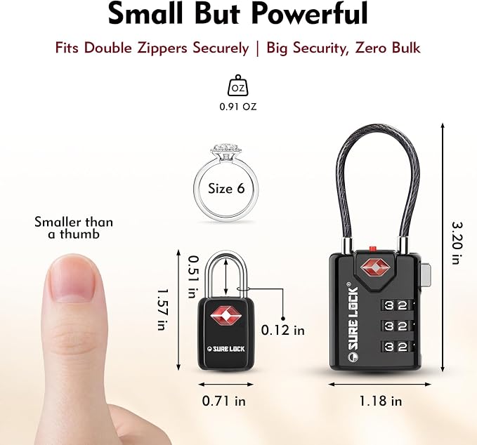 SURE LOCK Mini TSA Approved Keyed Luggage Lock – One Key Opens All, Fits Tight Zipper Gaps & Small Pull Holes, Compact Travel Lock for Suitcases, Backpacks & Handbags - Image 3