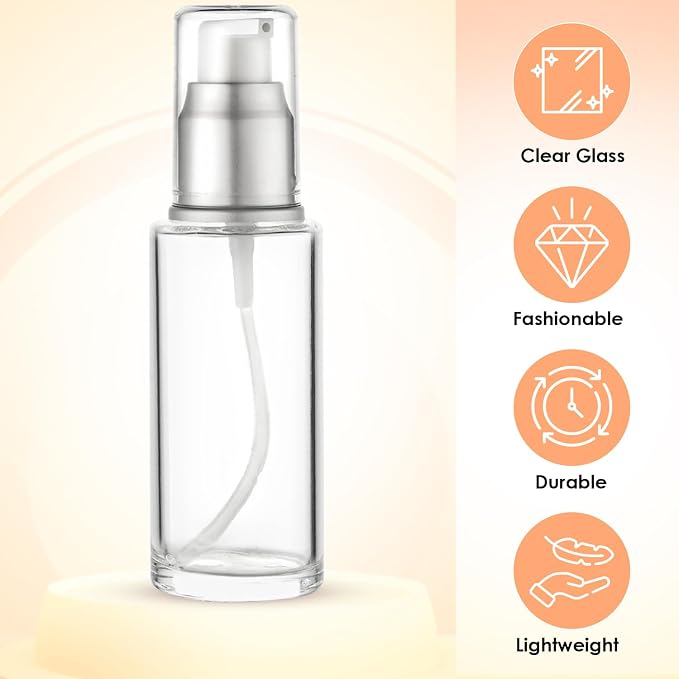 Clear Glass Pump Bottle (4-Pack) 1.7 Oz 50ml - Refillable, Lotion | Silver Cap, Luxury, Serum, Foundation, Body Cream, Sanitizer, Cosmetics, Travel - Image 4
