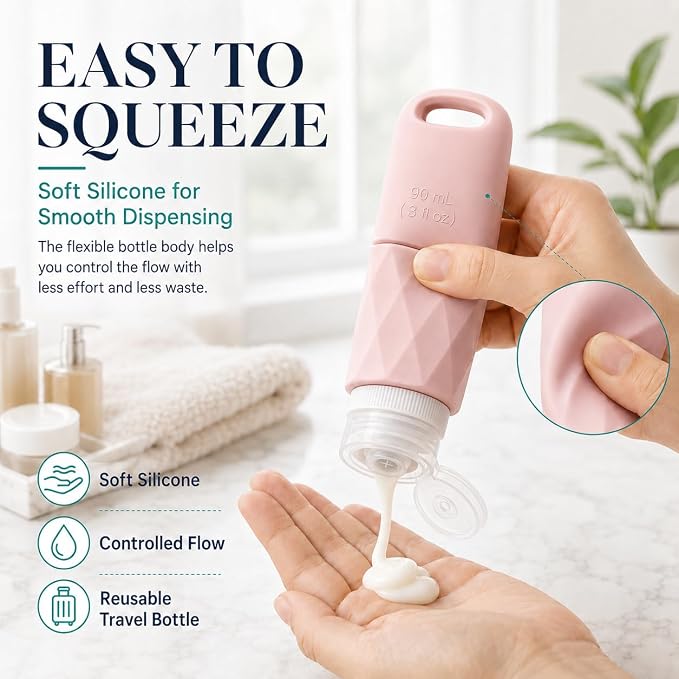 Travel Bottles for Toiletries, TSA Approved 3oz Leak Proof Silicone Travel Size Containers with Cross-Valve Cap, Refillable Bottles with Labels & Clear Bag for Shampoo, Body Wash(4 Pack-Pink) - Image 4