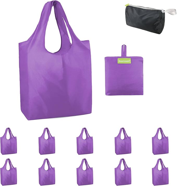 BeeGreen Purple Reusable Grocery Bags Wholesale Purple Reusable Kitchen Bags Bulk Foldable-Machine Washable with Zipper Storage Pouch 10 Packs by BeeGreen
