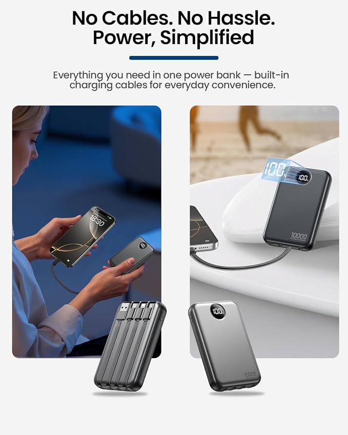 Portable Charger 10000mAh with 4 Built-in Cables 40% Smaller | Power Bank Fast Charging Battery Pack,LED Display Compact with Travel Charger for iPhone Other Devices-Black - Image 8