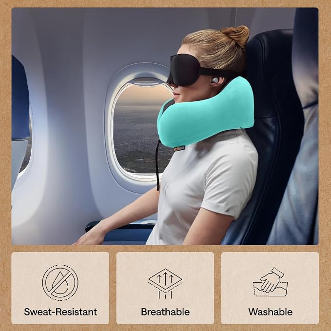 GORILLA GRIP Adjustable Travel Neck Pillow for Airplanes, CertiPUR-US® Memory Foam, Soft Velvet, Cooling Mesh Pillows, Support Headrest for Sleeping, Traveling Essentials, Flight Accessories Turquoise - Image 5