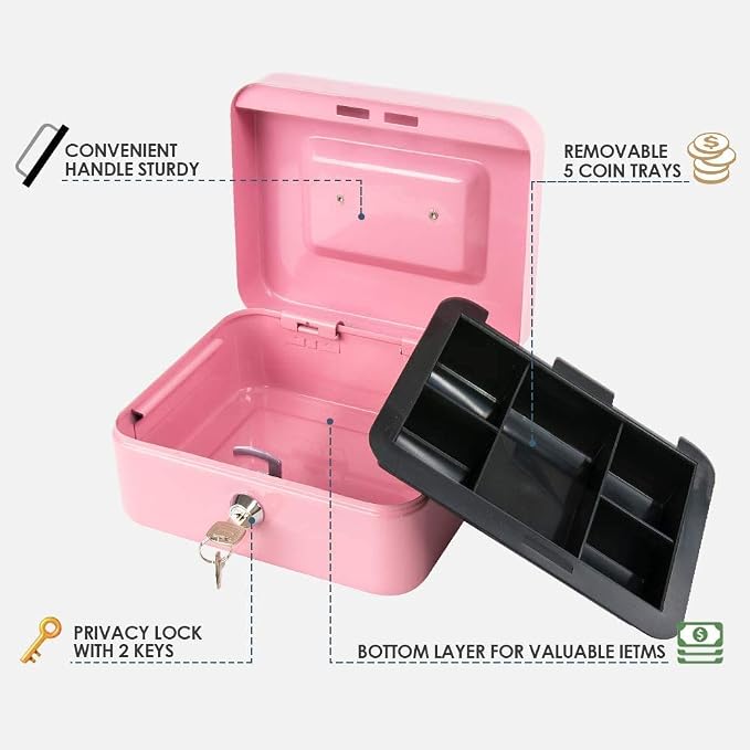 xydled Locking Steel Medium Cash Box with Removable Coin Tray and Key Lock,7.87"x 6.30"x 3.54",Pink - Image 3