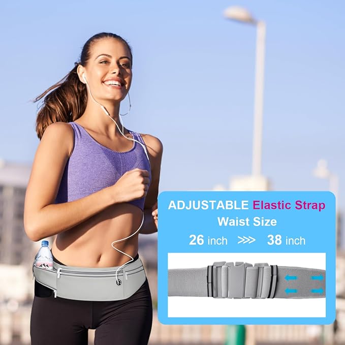 Slim Running Belt for Women Men,Runners Fanny Pack Phone Holder,Money Belt,Running Gear Accessories,with 3 Pockets (Gray) - Image 5