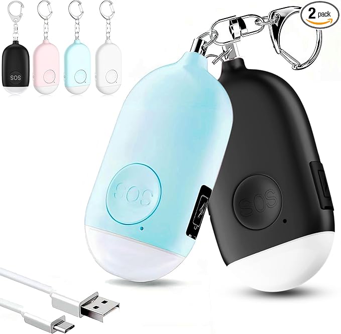 Hion Personal Safety Alarm for Women, 2 Pack Rechargeable 130dB Self Defense Alarm Keychain with LED Flashlight, Emergency Safe Sound Security for Children Elderly, Black+Blue by Hion