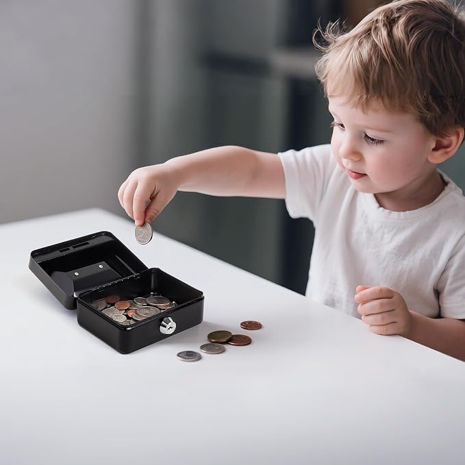 Jssmst X-Small Cash Box with Lock - Money Saving Box for Cash Coins, Small Lock Box for Medication Personal Items, 4.92'' x 3.94'' x 2.28'', Black - Image 2