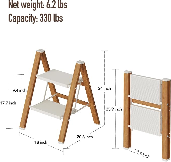 Mayi Plus 2 Step Stool Foldable, Aluminum, Lightweight Step Ladder | Extra-wide anti-slip folding steps with 330 lbs, for home,kitchen,office,outdoor,White & Woodgrain - Image 2