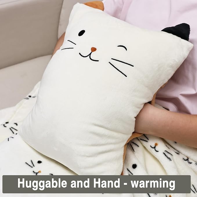 3-in-1 Cat Travel Blanket and Pillow Set for Kids | Soft Snuggle Pillow with Hand Warmer, 40x60 Inch Cute Cat Blanket, Compact for Travel, Camping, Home and Office - Image 7