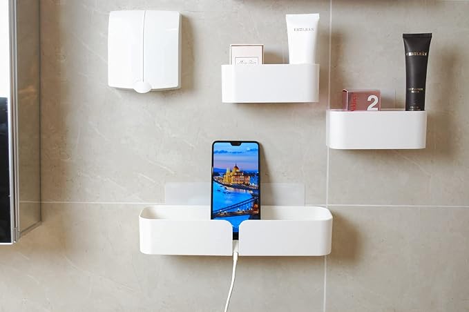 Adhesive Wall Mounted Shelves, 4pcs Set Durable ABS Plastic Hanging Storage Bins White, Excellent Floating Organizer, Convenient Storage Solution on Smooth Wall Surface - Image 4
